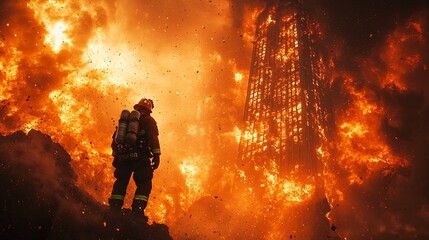 Fototapeta premium dramatic firefighter facing inferno during blaze
