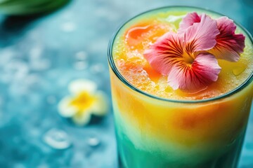 Colorful drink with flower garnish