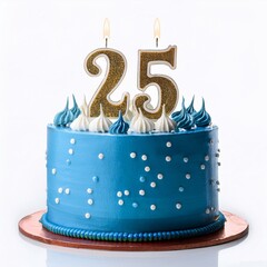 Decorated blue cake for birthday or anniversary party, candle number 25, white background