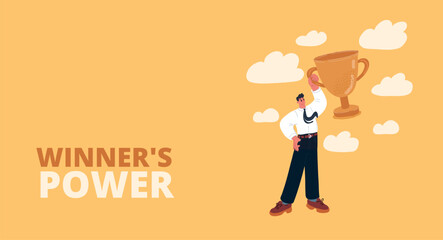 Vector illustration of a man holding a golden trophy above his head, symbolizing victory and success