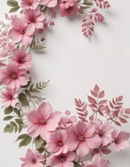 Fototapeta premium Pink floral banner with a subtle pattern of interlocking flowers and leaves against a white background, spring, bohemian, summer