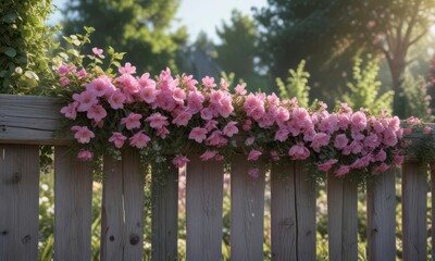 Pink floral banner draped across a wooden fence post,  fence,  wood,  decor