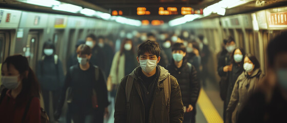 busy subway station filled with masked commuters