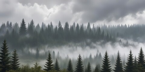 Fototapeta premium Overcast sky with misty fog rolling through fir forest, fir, atmosphere