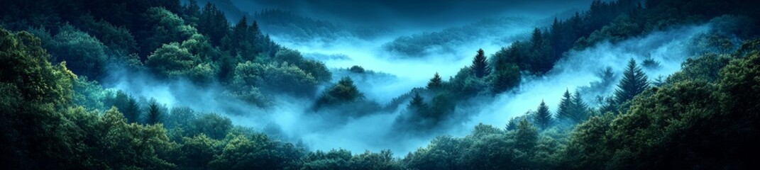 Fototapeta premium A misty morning reveals a panoramic image of a pine forest in the mountains