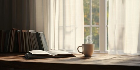 Fototapeta premium Warm morning sunlight streams through the window illuminating an open book and a steaming hot drink