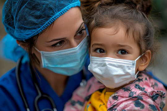 Caring nurse comforting child in masks, warm tones and emotions