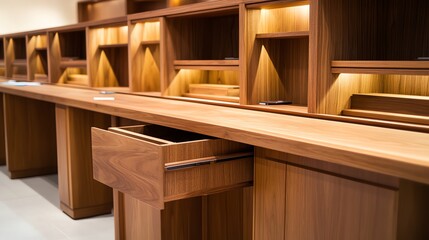 Modern wooden desk design with open drawers and built-in lighting, showcasing craftsmanship and aesthetics in interior decor.