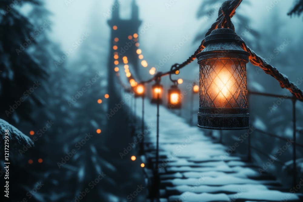 Poster a detailed 3d depiction of a person holding a lantern as they walk across a bridge, their path illum