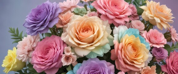 Fototapeta premium Pastel rainbow gradient background on a floral arrangement, floral, yellow