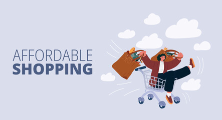 Vector illustration of a happy woman joyfully riding in a shopping cart filled with groceries.