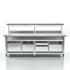 Obraz premium Professional stainless steel kitchen prep table with storage and workspace, ideal for culinary applications.