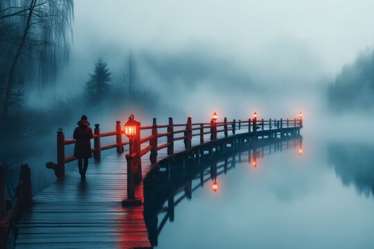 A detailed 3D depiction of a person holding a lantern as they walk across a bridge, their path illuminated by warm, soft light in a misty setting