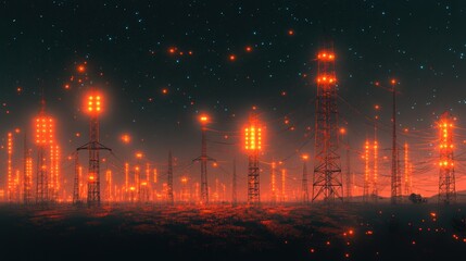 Fototapeta premium Electricity transmission towers with orange glowing wires the starry night sky. Energy infrastructure concept, energy, electricity, voltage, supply, pylon, technology