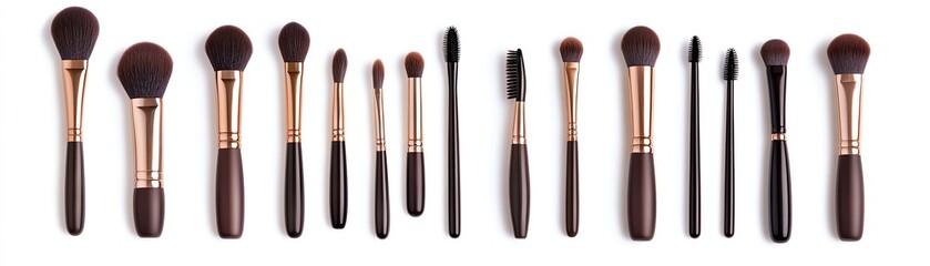 Set of makeup brushes of various sizes with wooden handles on a white isolated background.