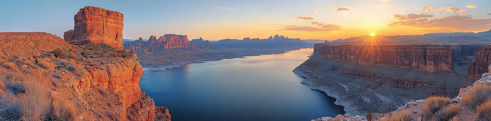 Fototapeta premium Lake Powell panoramic sunset landscape, Arizona, USA