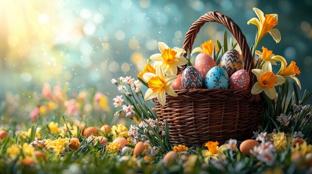 A basket filled with colorful Easter eggs, surrounded by fresh spring flowers like lilies and daffodils, set against a bright, sunny background that evokes the freshness of spring