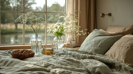 A bedroom scene featuring a healthy bedtime routine, including a glass of water, a bowl of nuts, and a cup of herbal tea on the bedside table, in soothing colors of beige, brown, and pale green