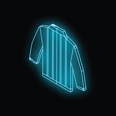 Blue neon striped shirt glowing on dark background, concept for online shopping, fashion and retail