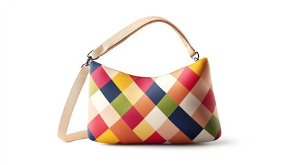 Stylish handbag with a colorful geometric pattern, perfect for adding flair to any outfit against a white isolated background.