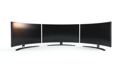Three curved monitors on a white background, perfect for a modern workspace or gaming setup.