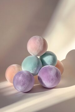 Soft pastel spheres pyramiding on neutral background, casting diagonal shadows