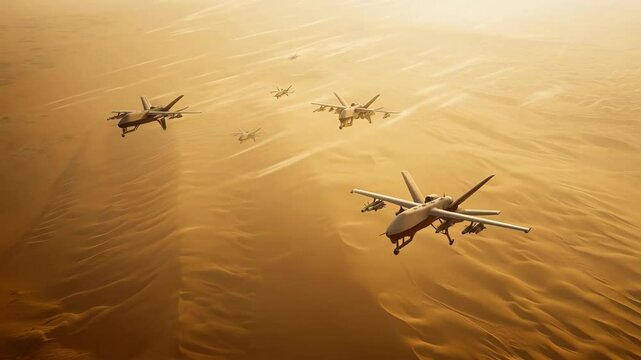 Multiple Drones Flying Over a Desert Landscape During Sunset. Generative AI