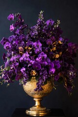 Purple orchids spilling from ornate golden vase, highlighting sophisticated floral arrangement against deep shadowy backdrop