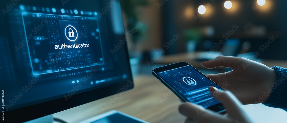 Poster cybersecurity authentication: a close-up shot of a person using a smartphone for two-factor authenti
