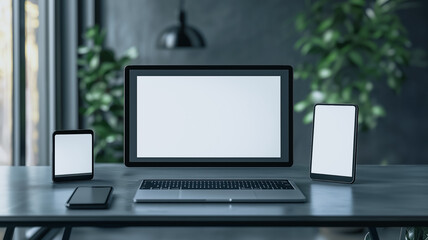 Fototapeta premium Minimalist Workspace Mockup: A sleek and minimalist workspace featuring a laptop with a blank screen, a phone, and tablet, all arranged on a modern desk.