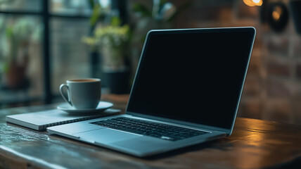 Laptop & Coffee Break:  A sleek silver laptop with a blank screen sits open on a wooden table, alongside a steaming cup of coffee and a notebook, creating a cozy and inviting workspace.
