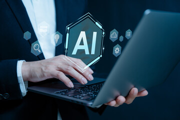 businessman using Ai technology in business by artificial intelligence,  smart robot AI, Futuristic technology transformation, using AI technology for developing running business on cloud computing