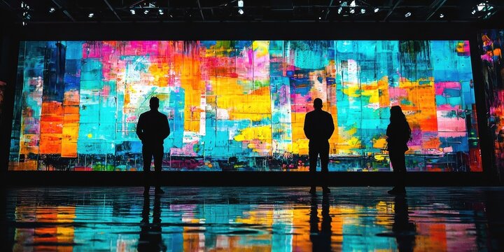 Silhouetted admirers highlight the bold artistry on display.