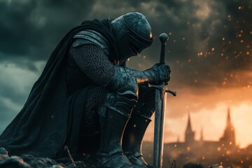 A fantasy scene of a fallen knight kneeling beside a broken sword, their head bowed in defeat under a stormy, magical sky
