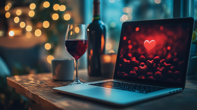 Virtual Love:  A romantic evening captured, featuring a laptop screen showcasing virtual kisses and a heart, accompanied by a glass of red wine and warm lighting.