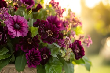 Fototapeta premium Golden sunset illuminating soft purple dahlia blossoms, layering delicate petals in rich, warm hues