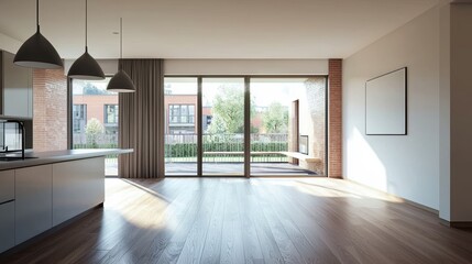 Fototapeta premium Natural light enhances the elegance of the empty hardwood-floored living room.