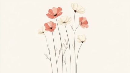 Obraz premium Delicate pastel flowers standing gracefully against a soft beige background, evoking tranquility