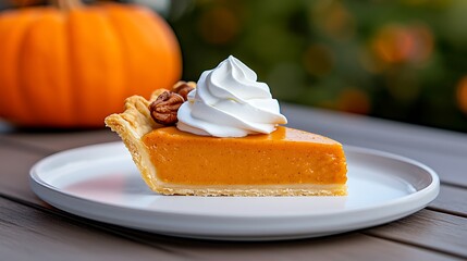 A Slice of Pumpkin Pie with Whipped Cream and Pecans