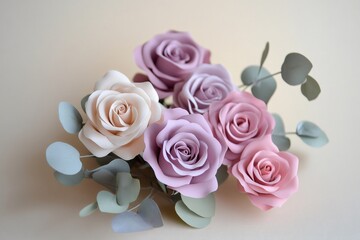 Fototapeta premium Soft pastel foam roses and eucalyptus leaves creating elegant, delicate floral arrangement with subtle, romantic styling