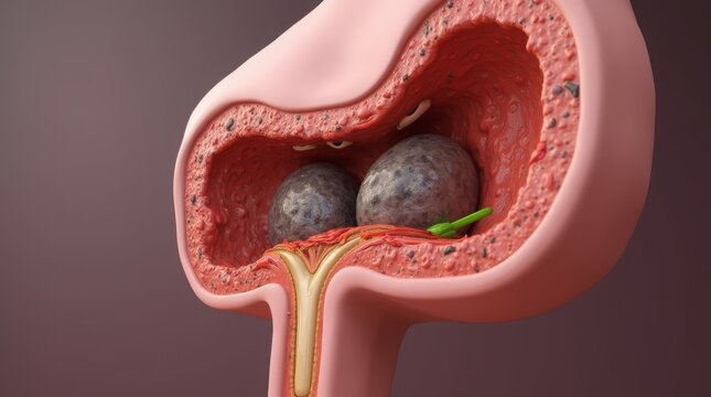 Gallbladder cutting showing gallstones obstructing bile duct on medical background. 3d illustration