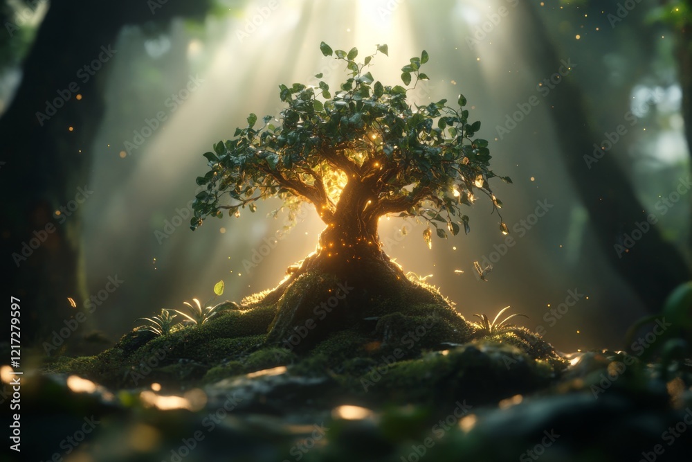 Poster a fantasy-inspired scene of a glowing tree in the middle of an enchanted forest, its branches reachi