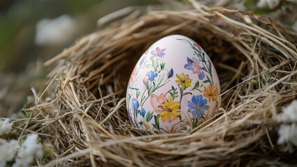 Obraz premium Beautifully Decorated Easter Egg Nestled in Straw