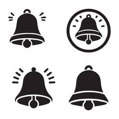 Four simple, solid black bell icons, ideal for representing notifications, alerts, or announcements in digital interfaces.