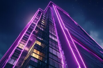 Sleek skyscraper rising against dark sky, purple neon lighting tracing architectural lines with futuristic urban intensity