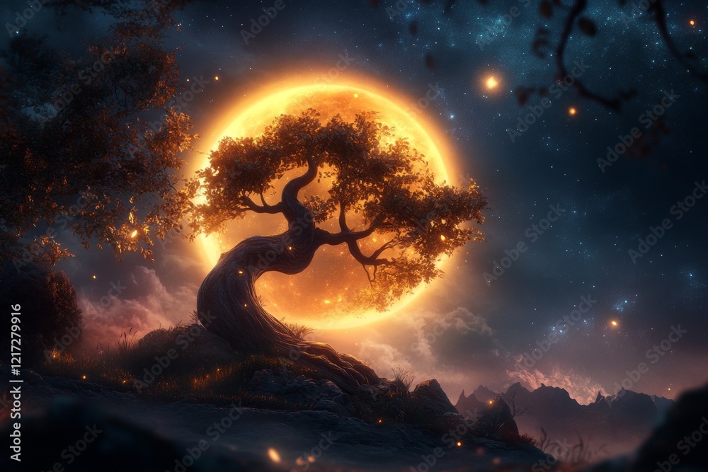 Poster a fantasy-inspired scene of a glowing tree in the middle of an enchanted forest, its branches reachi