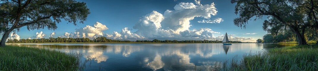 Calm and expansive scene of a bay with a boat moored at Jones Beach, Long Island, New York
