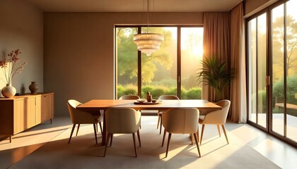 Fototapeta premium A spacious dining room with a long wooden table, minimalist chairs, a modern chandelier above, and large windows providing natural light