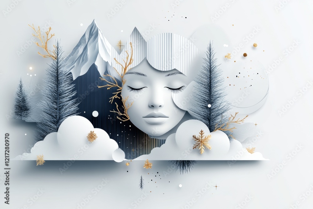 Poster a flat 2d illustration of a person meditating on a mountaintop, surrounded by soft clouds on a clean