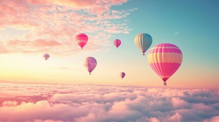 Naklejka premium Radiant hot air balloons soar high, painting the sky with color.